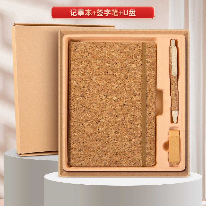 [Ensemble exclusif en liège de trois pièces] Carnet avec sangle, stylo, clé USB et étui en cuir
