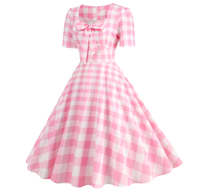 Robe pour filles écologique, jeune et charmante, maxi en crochet à carreaux roses, style doux avec taille naturelle, taille unique