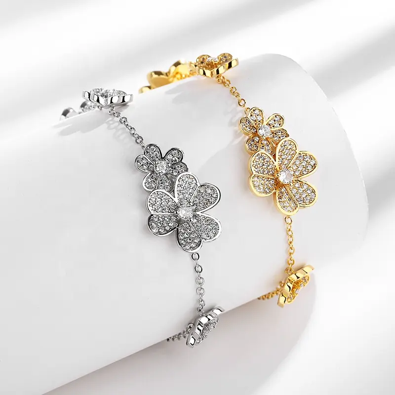 Pulseira de joias de marcas famosas para mulheres, pulseira de ouro 18K de cobre e trevo, joia de marca de moda