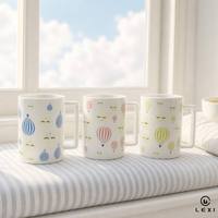 Ensemble de tasses en céramique motif nuage lunaire endormi, imprimé montgolfière rayée, rose, bleu, vert citron, avec anse à bord carré, tasse blanche rêveuse
