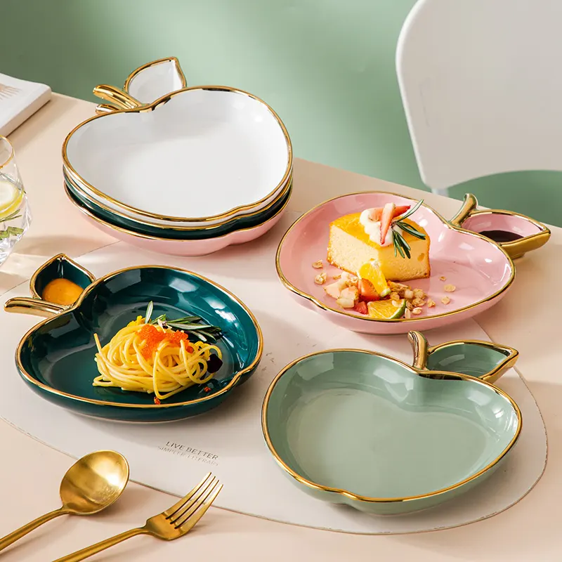 New product ideas 2022 Nordic light luxury style apple shape design tableware gold edge plates dinnerware porcelain plates