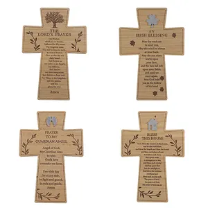 墙壁十字木手工悬挂十字与雕刻激光印刷用于家庭办公室和教堂装饰