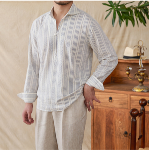 <span class=keywords><strong>Camicia</strong></span> Estiva da Uomo 100% Cotone a Righe <span class=keywords><strong>Seersucker</strong></span> Giovanile Casual Traspirante Comoda per Vacanze Maniche Lunghe - Product Image 4