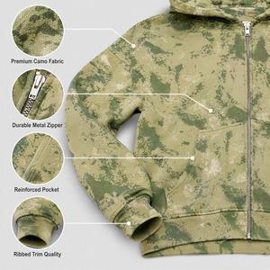 Sweat à capuche zippé pour homme, vert sauge camouflage, imprimé graphique en relief, coupe décontractée à épaules tombantes, style streetwear urbain, collection automne premium - Product Image 6