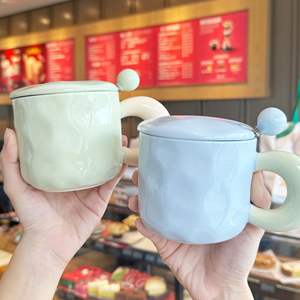 Ceramic <b>Mug</b> With Lid And Spoon Solid Color Minimalist Design For Couple Household Drinking Cup Creamy Tone <b>Mugs</b> - Product Image 1