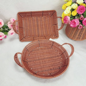 Rattan Snack Plate Double Handle Rectangular Oval Serving Tray For Restaurant Fruit Storage <b>Basket</b> - Product Image 1