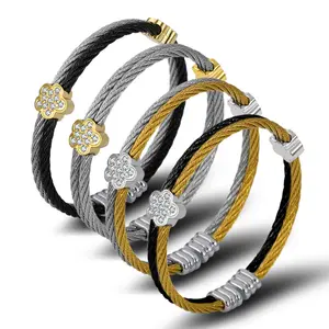 Pulsera de acero inoxidable con doble cuerda para hombre y mujer, brazalete con diamantes, 2023