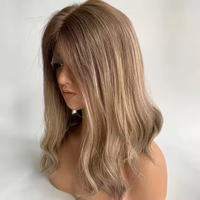 Perruque Casque Courte Casher Vierge Européenne 100% Ombrée Blonde Ondulée avec Frontal en Dentelle Suisse, Cheveux Humains de Grande Taille