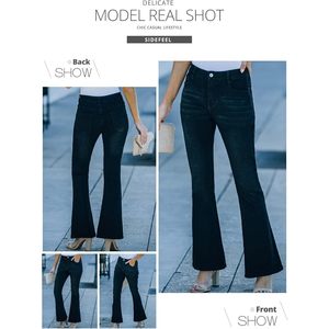 2025 pantalones vaqueros ajustados negros de tiro medio para mujer con pantalones vaqueros transpirables acampanados rasgados talla 12 estilo Y2K - Product Image 3