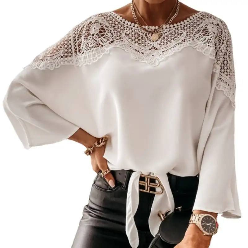 2022 lace solid black and white top women o neck shirt three Quarter Sleeve knot blouse