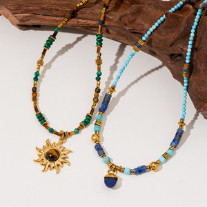 قلادة على الطراز الأوروبي من حجر اللازورد وعين النمر على شكل عباد الشمس، قلادة يدوية الصنع من الخرز، مجوهرات فاخرة متعددة الطبقات بأسلوب بوهيمي - Product Image 3