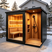 Kabin Sauna Inframerah Jauh Modern Mewah untuk Luar Ruangan dengan Kamar Mandi dan Dek Kayu Cedar Merah untuk 4 Orang, Perlengkapan Lengkap untuk Kesehatan di Taman