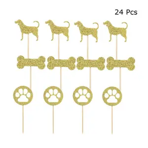 Dekorasi Kue Pesta Ulang Tahun Anjing, Hiasan Atas Kue Bentuk Tulang Anjing Glitter Emas Hitam