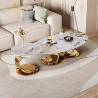 Table Basse Scandinave Italienne de Luxe, Pieds Dorés en Acier Inoxydable, Table Basse Ovale Moderne en Pierre Frittée Blanche pour Salon