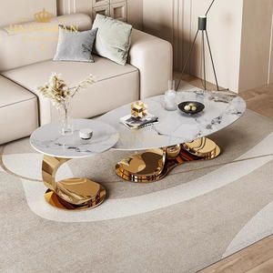 Mesa de Centro Nórdica Italiana de Lujo con Patas de Acero Inoxidable Dorado para Sala de Estar Moderna Ovalada de Piedra Sinterizada Blanca - Product Image 3