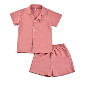 Fournisseur de qualité, vêtements en tissu de lin, ensemble pyjama d'été à manches courtes avec short, pyjama pour enfants, pyjama simple pour filles - Product Image 5