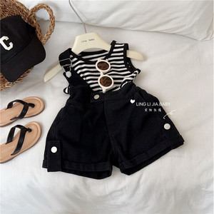 Girls Denim Overalls Set Striped Vest Two Piece Summer Cotton Outfit For Children - Product Image 4