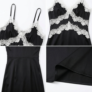 <span class=keywords><strong>Abito</strong></span> Slip in Seta Nera per <span class=keywords><strong>Donna</strong></span>, Design Originale, Elegante Vestito Midi con Inserti in Pizzo Bianco, Abiti da Sera di Lusso per Signore OEM - Product Image 3