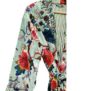 Bata Kimono Larga de Terciopelo con Estampado Floral para Mujer, Manga Larga, Sin Cuello, con Cordón de Algodón, Ropa de Dormir Informal para Primavera - Product Image 1
