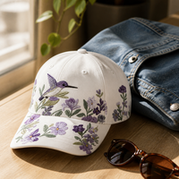 Casquette de baseball blanche en sergé de coton à six panneaux, broderie florale colibri, réglable 56-62cm, logo personnalisé, vente en gros, OEM, faible MOQ