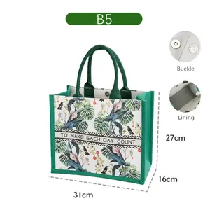 Custom pattern green vintage fashion womens beach waterproof pvc cotton canvas shopping handbag tote bag for women ladies