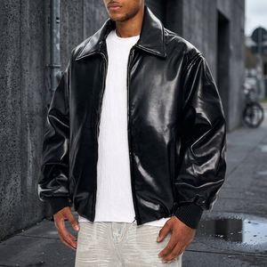 Men's Black Genuine Leather Breathable Eco-Friendly Bomber Jacket Solid Color Zipper Closure <b>Turn</b>-down Collar Moto Biker Style - Product Image 1