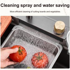 Bộ chậu rửa chén nhà bếp bằng thép không gỉ hiện đại màu đen đa chức năng, kiểu thác nước, một ngăn, kèm vòi - Product Image 5