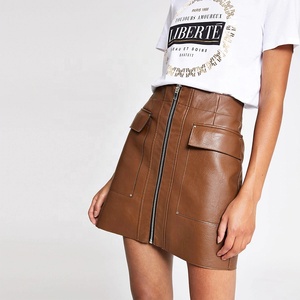 OEM Embroidered logo Women <strong>Plus</strong> <strong>Size</strong> Vinyl Zip Front High Waist Sexy Mini Shiny <strong>Skirt</strong> Faux Pu Leather <strong>Skirt</strong> - Product Image 6