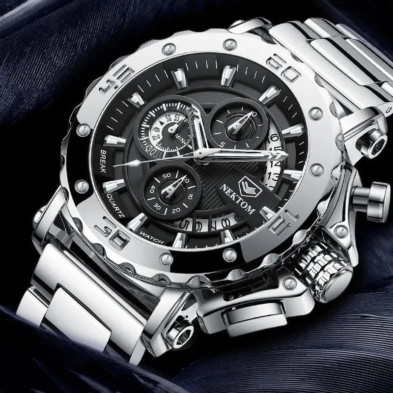 Top Quality Men Quartz Stainless Steel Chronograph Waterproof Stainless Steel Black Silver Glass Watches Quartz Watches
