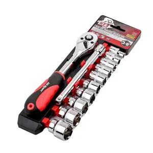 12pc 3/8" Drive Metric Socket Set with Ratchet Wrench Handle 8 - 21mm Sockets & 150mm Extension Bar on a Storage Rail Rack