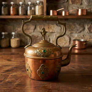Vintage Brass Tea Kettle With <b>Lid</b> Metal Handle Ornate Design Turquoise Inlays Water <b>Pot</b> Kettles - Product Image 5
