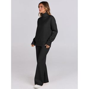 Ensemble de vêtements en maille pour femmes FOXA, 2 pièces, haut à col roulé, pantalon large, tenue décontractée pour l'automne, ensemble assorti confortable - Product Image 3
