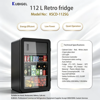 Réfrigérateur rétro Kubigel 112L avec porte vitrée, refroidissement direct, mini-congélateur de présentation, silencieux, usage domestique, double température, LED