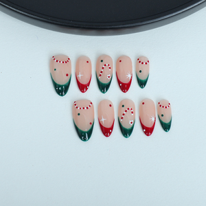 Móng tay nhân tạo thủ công với phong cách kẹo Pháp màu đỏ và xanh lá cây, móng tay có thể tái sử dụng chất lượng cao. - Product Image 3