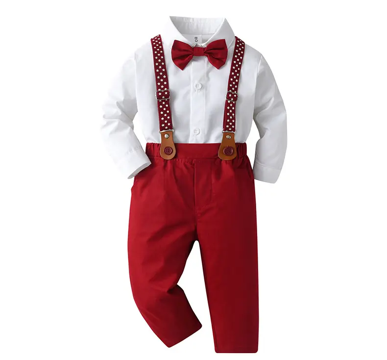 Çocuk giysileri OEM toptan erkek beyefendi resmi pamuk doğum günü düğün parti beyaz gömlek kırmızı pantolon giyim takım elbise Set