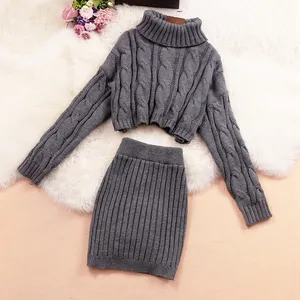 Wholesale 2021 Autumn New Design Western Style Turtleneck Sweater Office Lady Outfit Pullover Top Knit Hip Skirt Two-Piece Sets