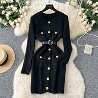 Robe décontractée élégante pour femmes, en tricot, à manches longues, avec ceinture à la taille, boutons dorés, poches, pour un usage quotidien, robes élégantes pour femmes