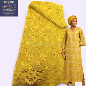 Tela de encaje guipur amarillo mostaza con estampado floral y bordado calado para <span class=keywords><strong>vestidos</strong></span> africanos nigerianos tipo caftán Aso Ebi - Product Image 1