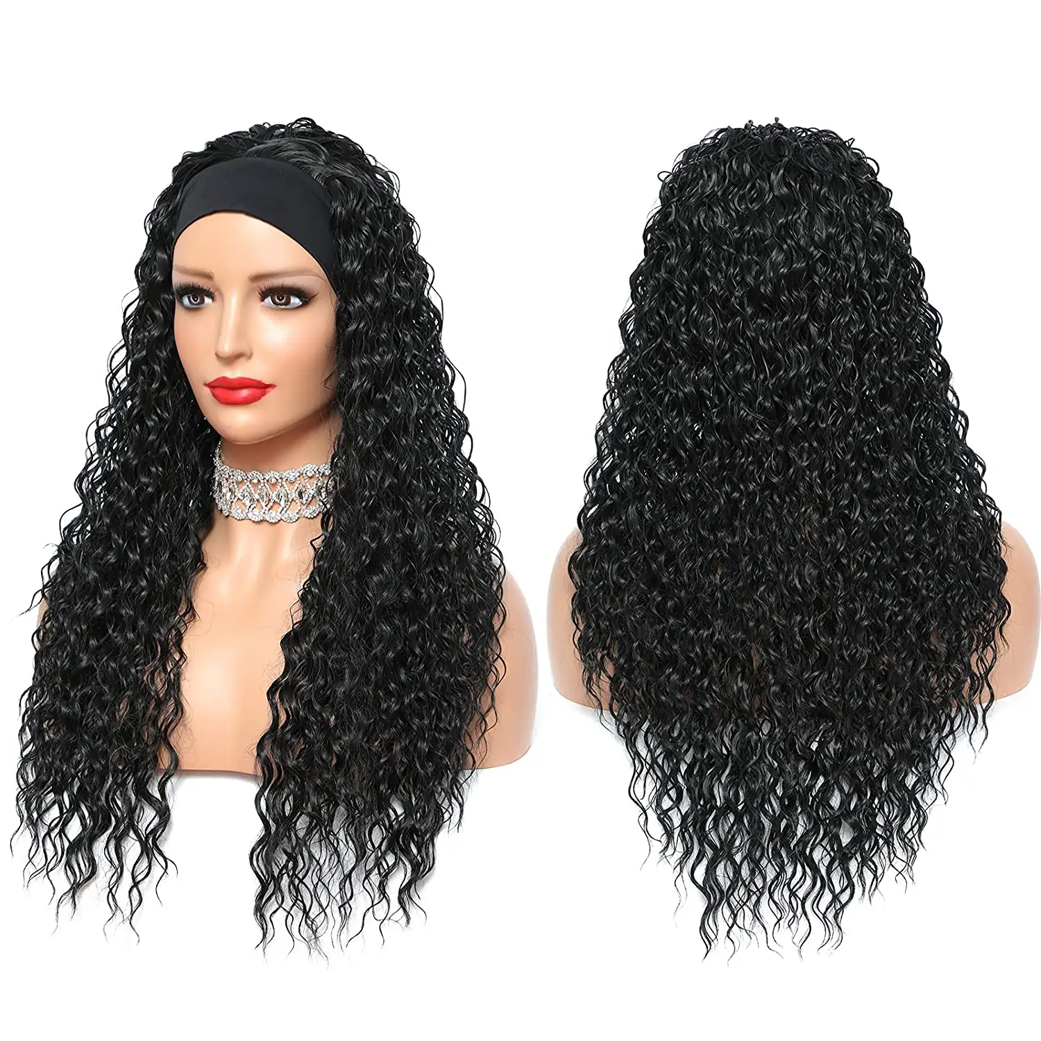 Brazilian Hair Headband Curly Wigs for Black Women Water Wave Headband Wigs 150% Density Glueless Half Wigs with Headband