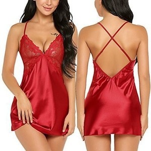 Ensemble de lingerie sexy pour femmes, dentelle, vêtements de nuit, string, sous-vêtements, satin fin, bretelles réglables, col en V profond, robe de nuit babydoll - Product Image 4