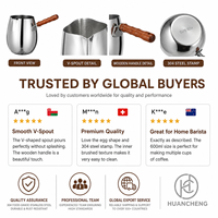Cafetière turque HC Wholesale 300-600ml avec bec verseur en V, poignée en bois et couvercle, en acier inoxydable 304, OEM, lot de 5 pour café et vente au détail