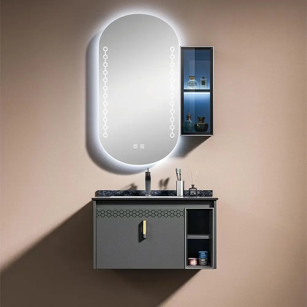 Modern tasarım dikdörtgen banyo depolama tek lavabo Led ayna banyo dolabı Vanity setleri