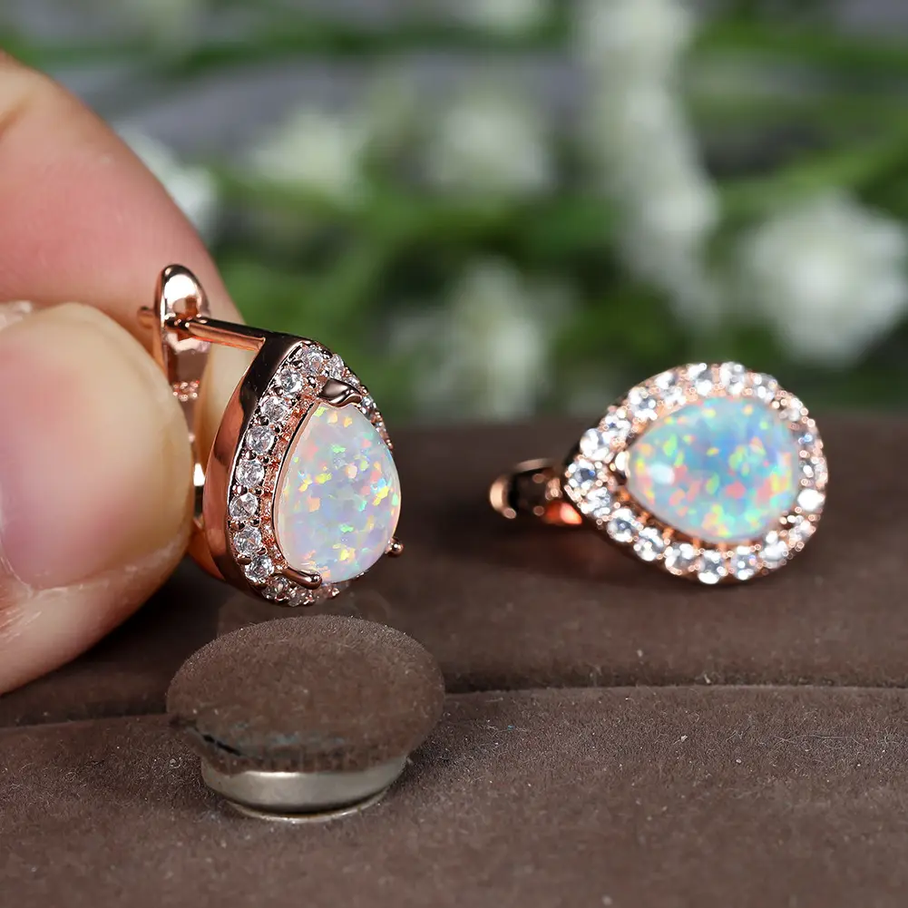 JCA Pear Shaped White Opal & Cz Diamond Stud Earrings Sterling Silver Plated Fire Opal Bridal Teardrop Earrings Women Jewelry