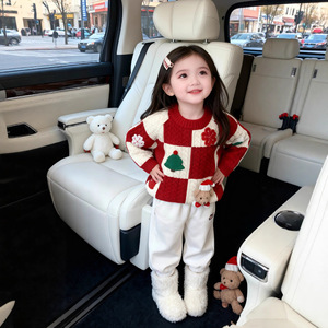 Girls Christmas Sweater Red White Checkered Thick Cotton Round Neck Winter Top - Product Image 4