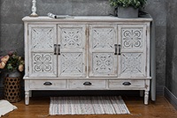 Buffet en bois massif personnalisé style ferme, finition blanchie, grand, 3 tiroirs, 4 portes, pour salon, entrée, bar, hôtel