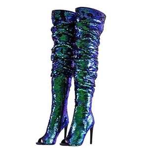 Size 47 Fashion Peep Toe Sequins Women Thigh High <b>Boots</b> Over Knee High Heel Party Dress Dance Ladies Long <b>Boots</b> - Product Image 2