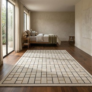 Geometric Wool Area <b>Rug</b> with Cream Gold Grid <b>Hand</b> <b>Tufted</b> Carpet for Modern Living Room Bedroom Designer Home Decor Soft Plush - Product Image 5