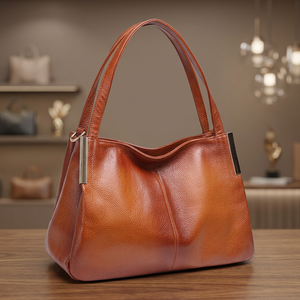 Bolso de Mano de Cuero Genuino para Mujer BS INTERNATIONAL, con Cierre de Cremallera, Correa para el Hombro, Estilo Moderno, Duradero, con Patrón de Lichee, Color Marrón - Product Image 1
