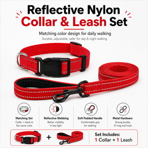 Reflective Nylon Dog <b>Collar</b> and <b>Leash</b> Set Adjustable <b>Pet</b> Lead Padded Handle Metal Hardware for Daily Walking - Product Image 4