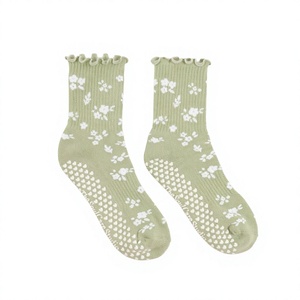 JZVINA Women Pilates Crew Socks Floral Print Ruffle Cuff Anti <b>Slip</b> Silicone Grip Yoga Training Floor Socks Custom Logo - Product Image 1